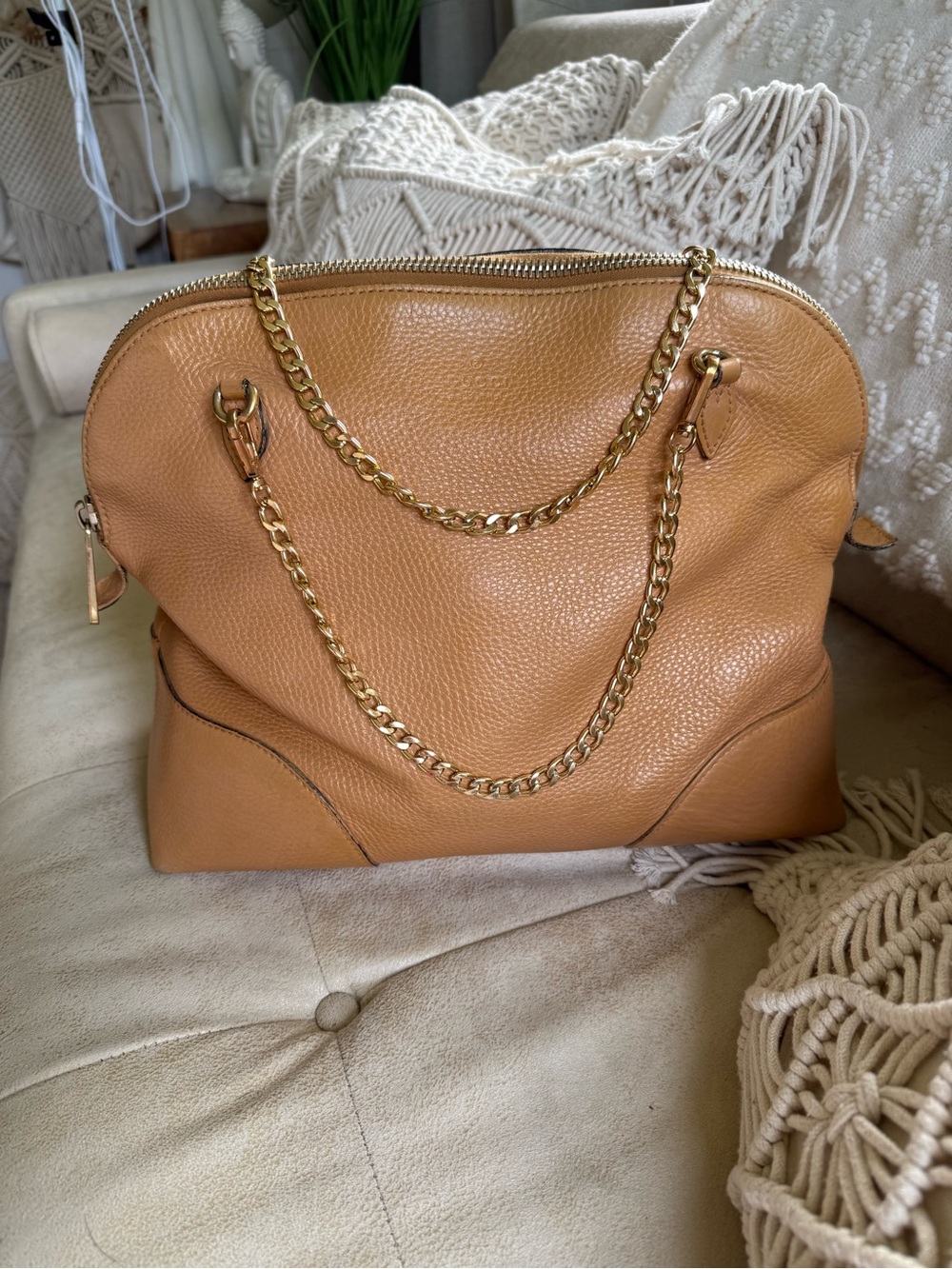 Gucci Pebbled Leather Shoulder Bag in Tan with Gold Chain